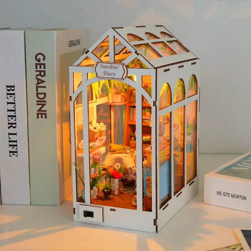 Kit Model Miniatur Kayu DIY Book Nook Sunshine Diary Bookend Puzzle 3D dengan Lampu LED Rak Buku untuk Hadiah Ulang Tahun Teman