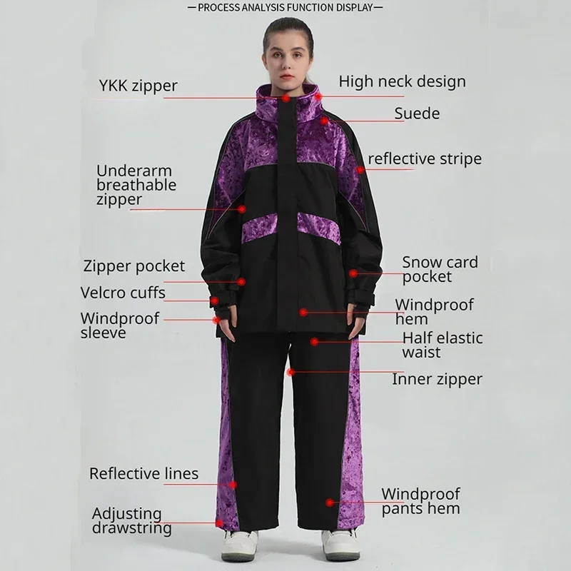 Traje de esquí cálido para hombre y mujer, chaqueta de Snowboard, pantalones de gamuza, deporte de invierno, esquí, nieve, a prueba de viento,