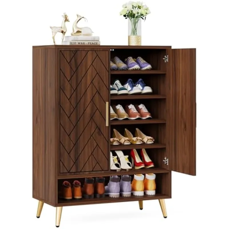 6-Tier 24 Pairs Shoe Cabinet with Doors, Vintage Walnut Wood Entryway Shoe Cabinet w/ Adjustable Shelves for Living Room,Bedroom