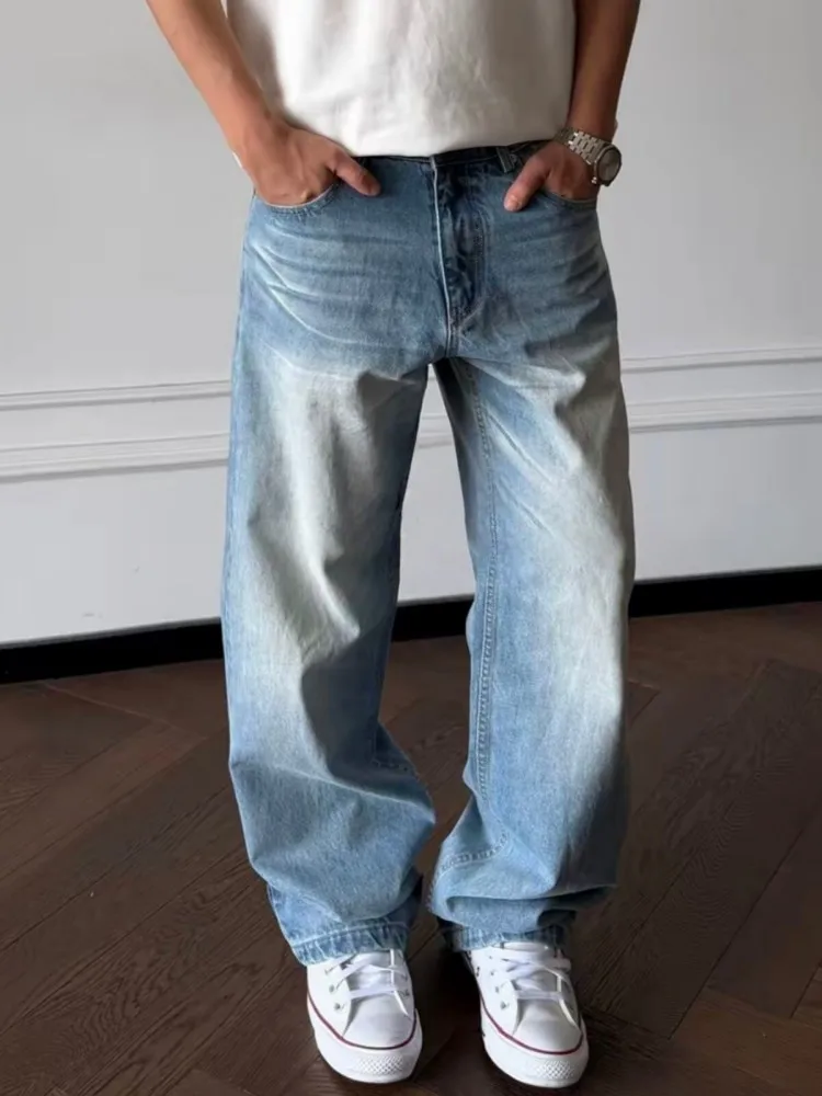 Spring Summer New Mens Denim Pants Vintage Loose Fit Streetwear Casual Jeans Light Blue Breathable Comfortable Straight Trousers