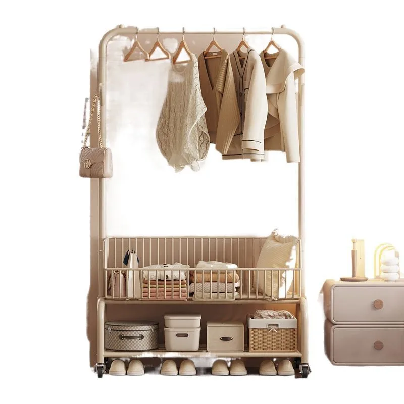 appendiabiti su ruote da pavimento in stile crema, appendiabiti mobile, stendibiancheria per camera da letto ispessita