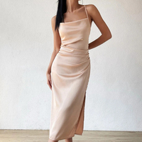 Elegant Square Collar Sling Dress Women Luxury Split Backless Satin Mid-Calf Dress New Simple Versatile Champagne Color Vestidos