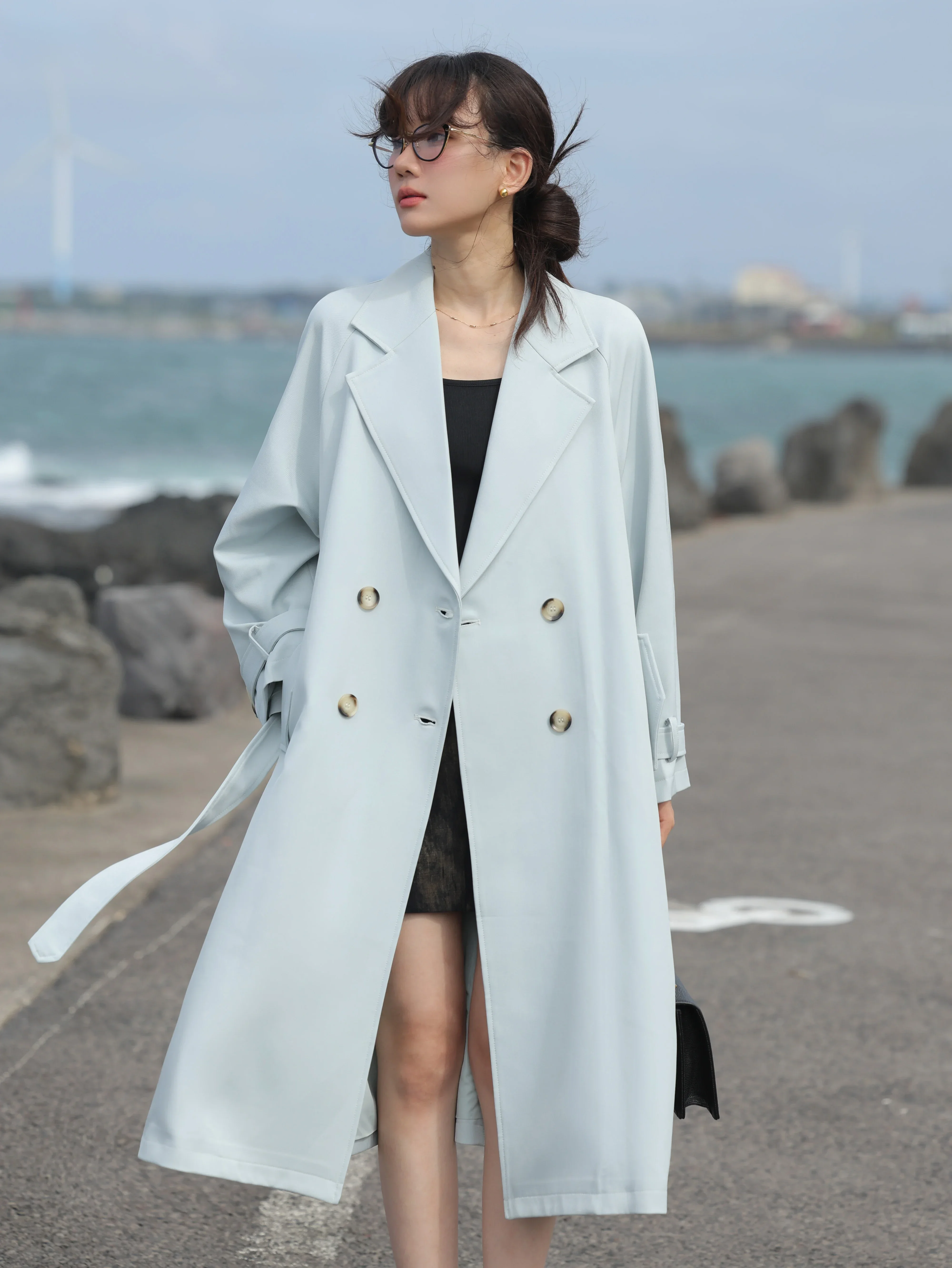 Primavera feminino oversized lapela com cinto trench coat longo casaco manga raglan casual solto ajuste sobre o joelho elegante moda outerwear