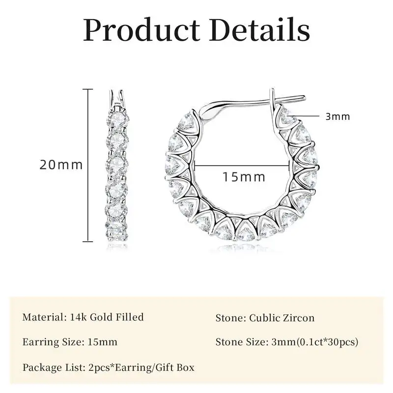 Lnngy 14K Gold Filled Huggies Ohrringe, funkelnde 3 mm große Zirkon-Creolen für Frauen, Paare, Hochzeit, Schmuck, Geschenk – Detail 7