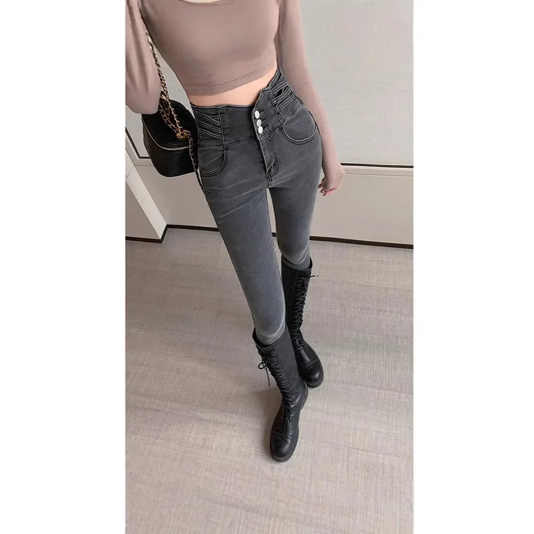 Dżinsy damskie z wysokim stanem, dopasowane, elastyczne, o długości do kostek, spodnie o kroju ołówkowym, na wiosnę i jesień, w kolorze szarego dymu, podkreślające długość nóg.