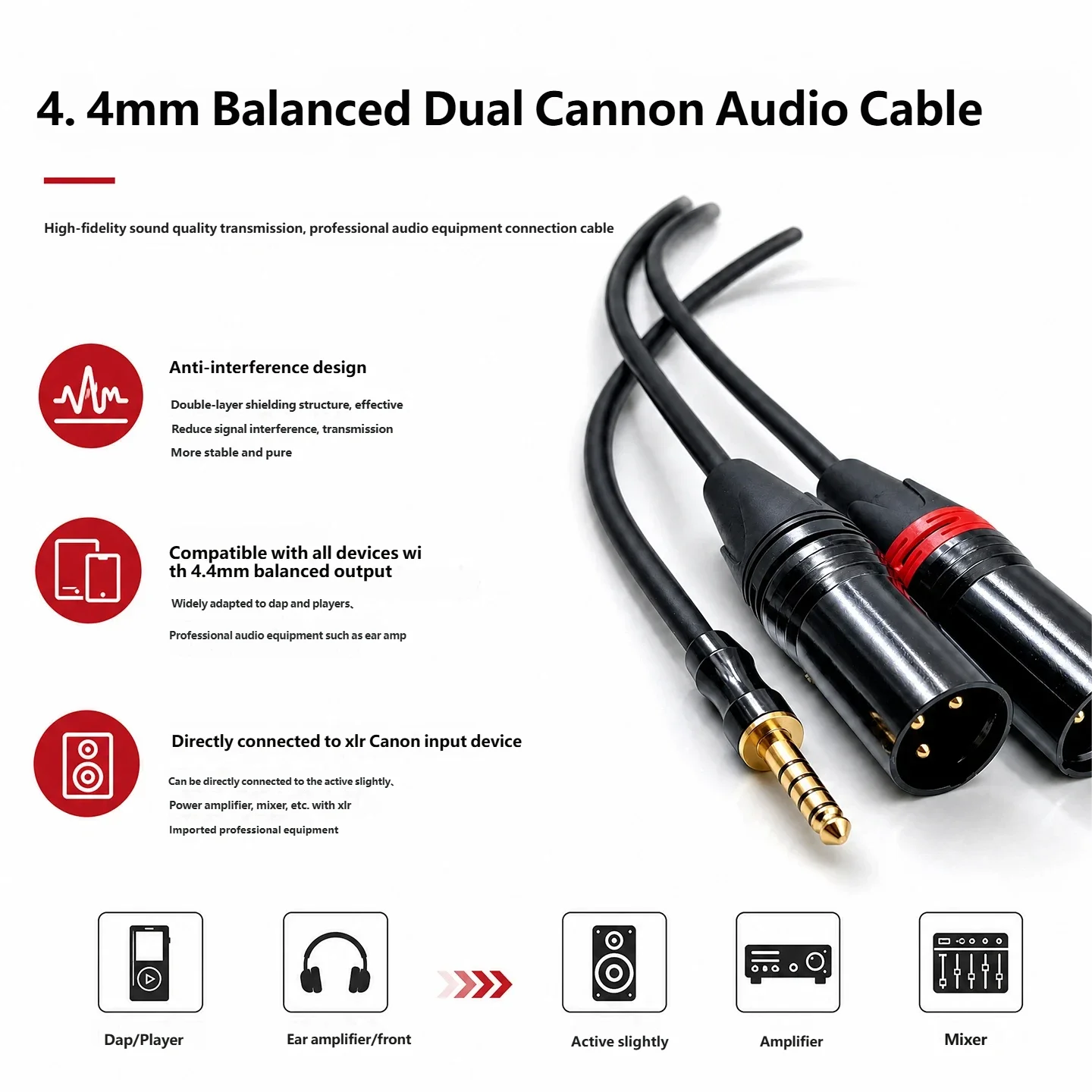 

4.4mm Balanced To Dual XLR Male Audio Cable With Fully Balanced Signal Direct Transmission Design, Independent XLR Output
