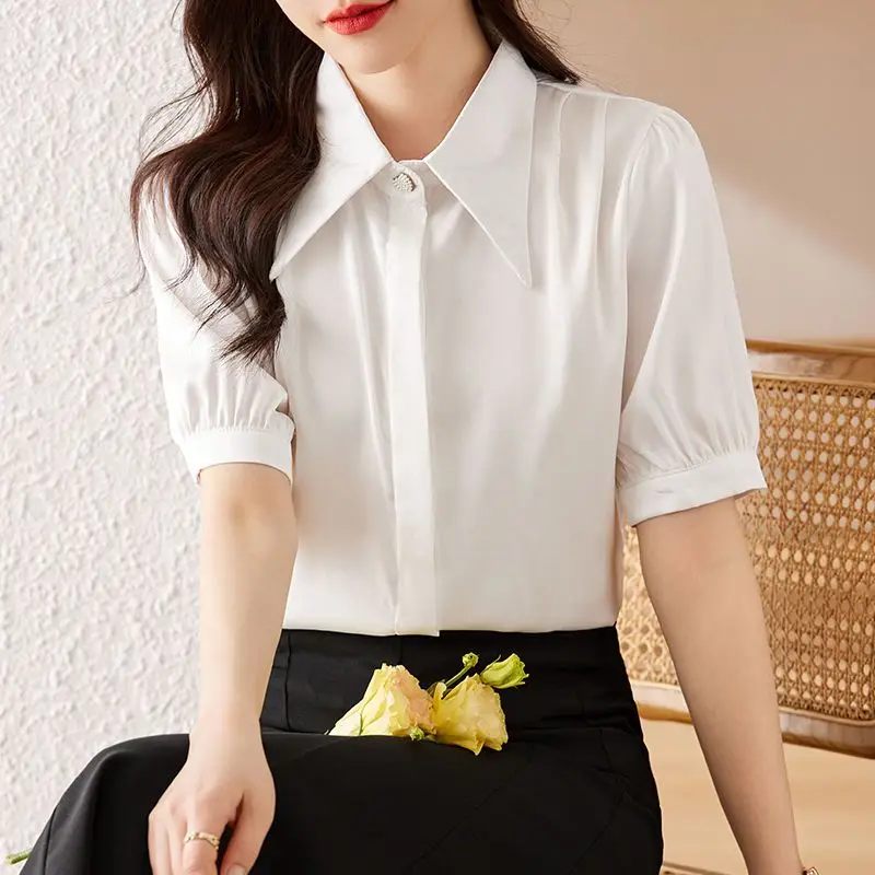 New French Top Solid Color Lapel Single-breasted Short-sleeved Chiffon Shirt for Women for Summer Thin White