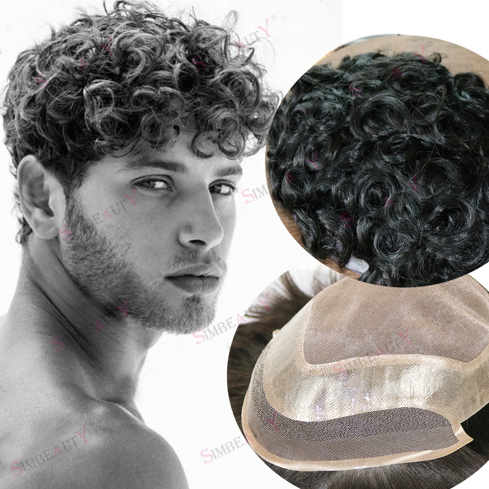 Toupee dos homens 100% Cabelo Humano Natural Lace Front Curly Toupee para Homens Pele Fina Mono Net Sistema de Substituição Hairpieces