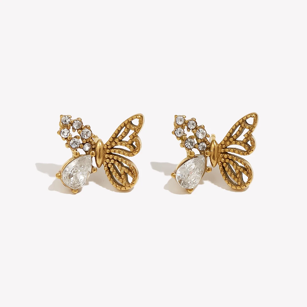 E.B.belle Asymmetric CZ Butterfly Stud Earrings Hypoallergenic Stainless Steel 18K Gold Plated Women Earrings Fashion Jewelry