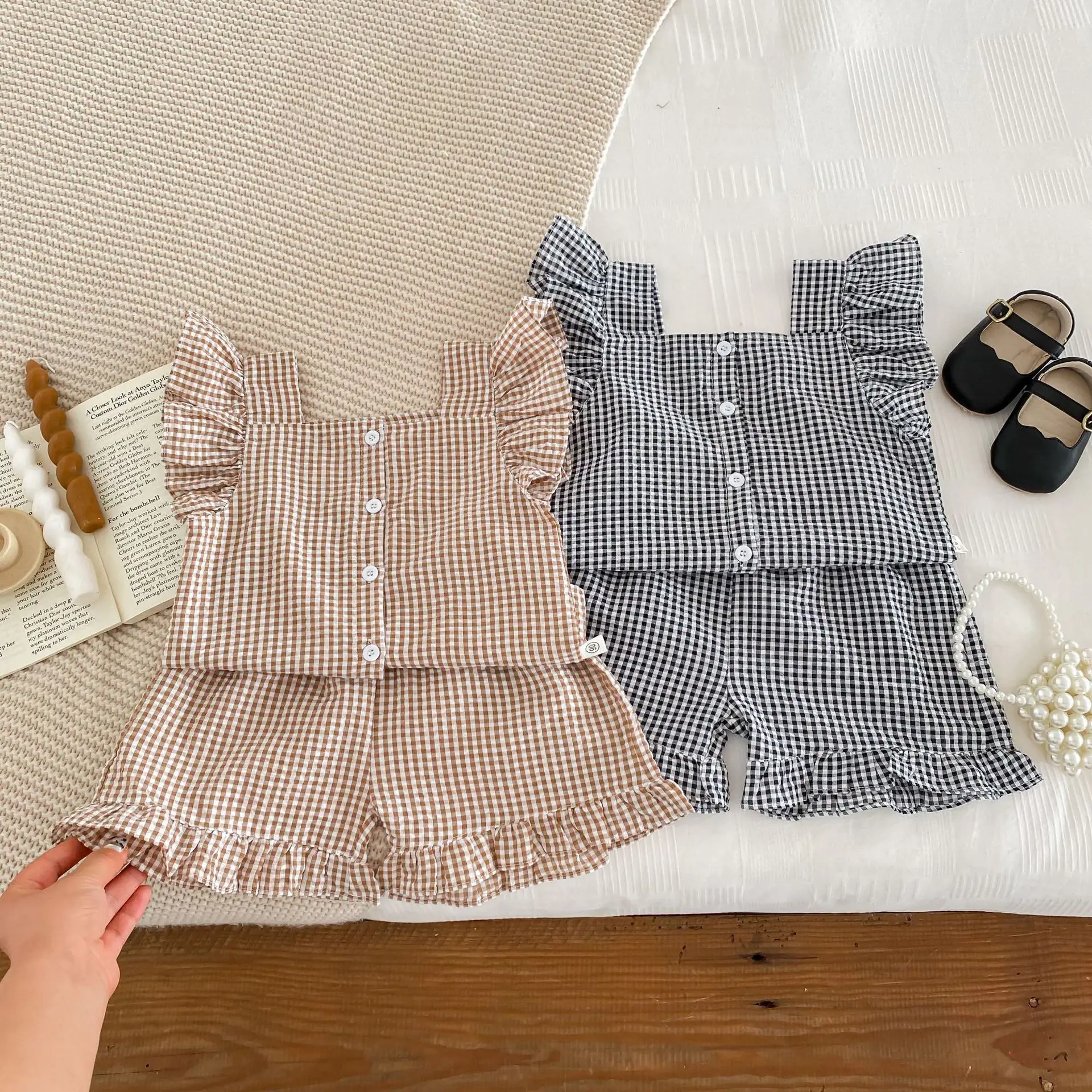 Ins Infant and Toddler Children's Clothing Origin Grid Casual Short Sleeve Set for Men and Women Baby Summer Cotton 2 Piece Set