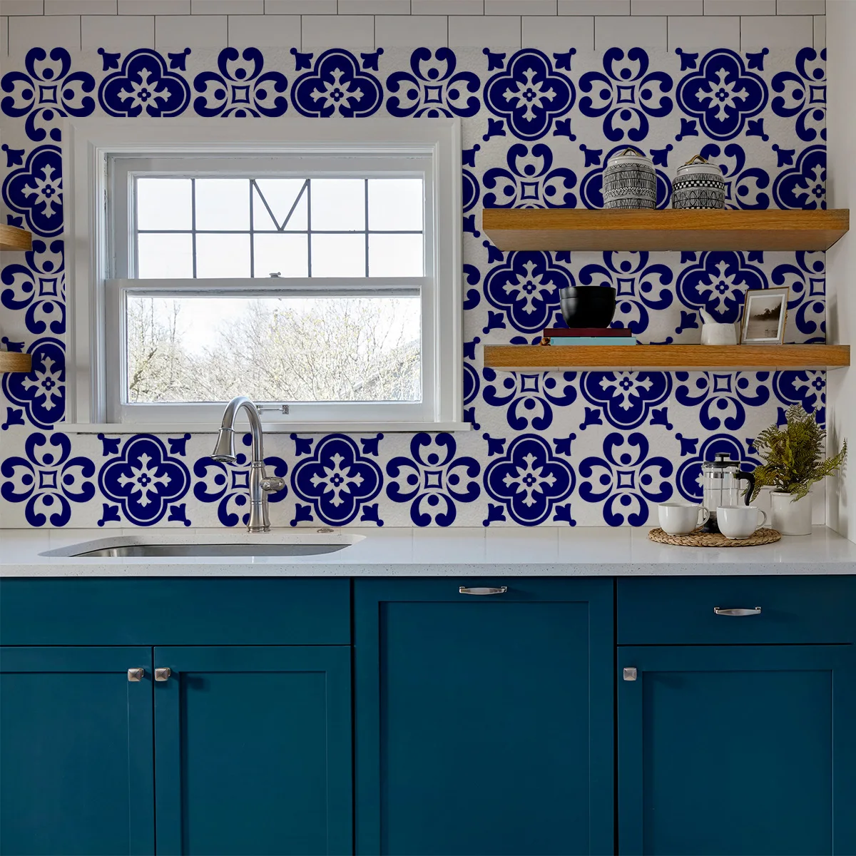 10pcs/set French Retro Blue Floral Tile Stickers Self-Adhesive Wall Decals for Bathroom Kitchen Decorative PVC Peel and Stick