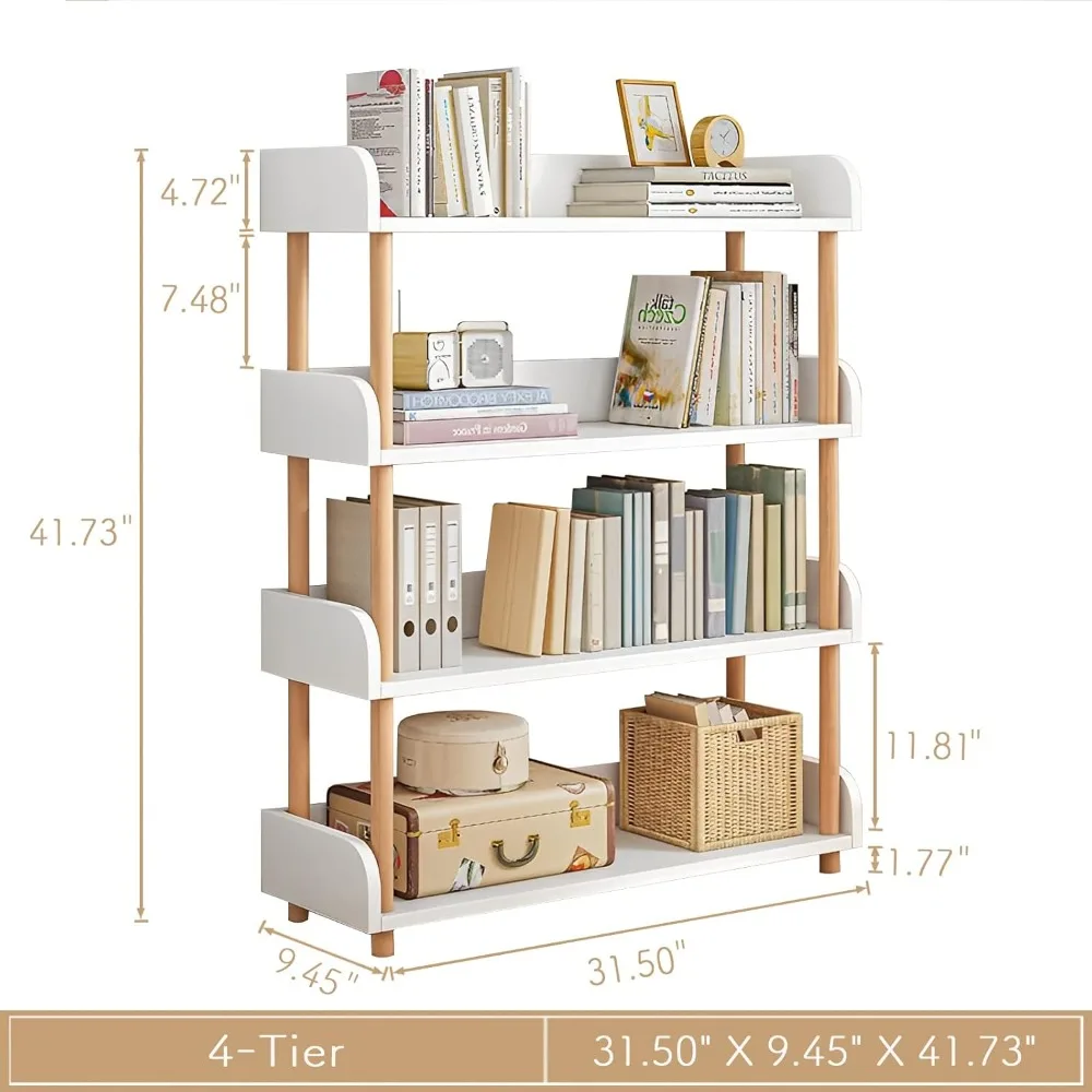 4-Tier Wooden Open Bookcase - Modern Display Bookshelf with Side Panels and Solid Wood Frame for Home and Office, Storage Cabine