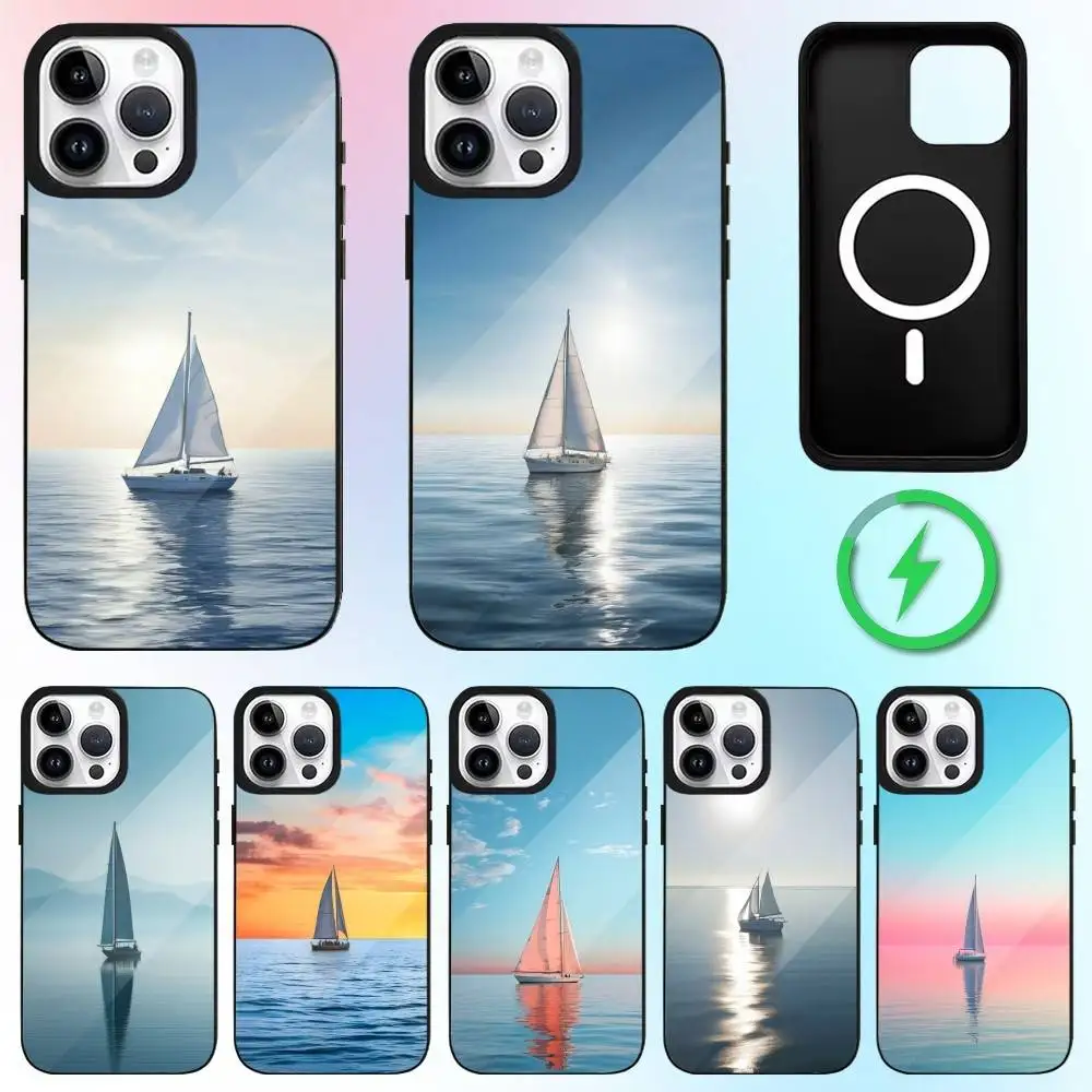 

Painting Art Sailing Boat Phone Case For iPhone17,16,15,14,13,12,11 Plus,Pro Max Magnetic Magsafe Wireless Charging