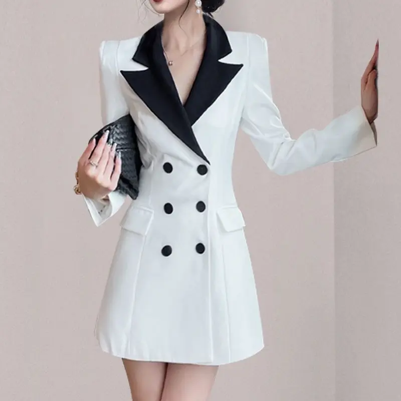 2024 Spring Women New High End Celebrity Style Slim Suit A-line Dress Korean White Mid Length Blazer Dress For Splicing Coat