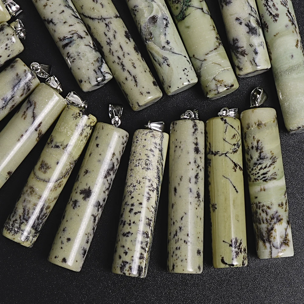 Natural Dalmatian Jasper 49x12mm Cylinder Bead Pendant Beige Black Gemstone Charms for Necklace Chain DIY Craft Supplies Gift