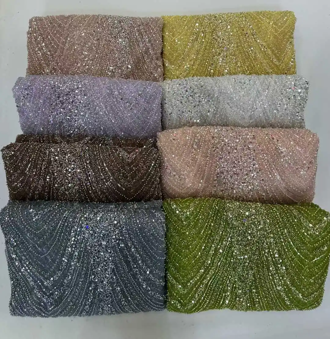 High End French Top Quality Handmade Beads Sequins Embroidery Net Lace Fabric Heavy for Women's Wedding Dress