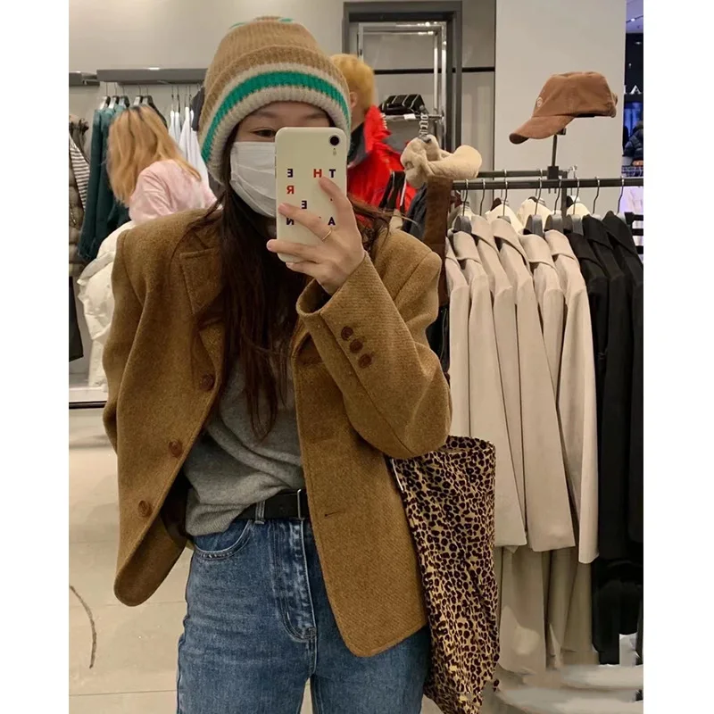 

Shpmishal Fashionable Retro Collar Loose Casual Woolen Suit 2025 Spring and Autumn Brown Short Jacket Female Clothing