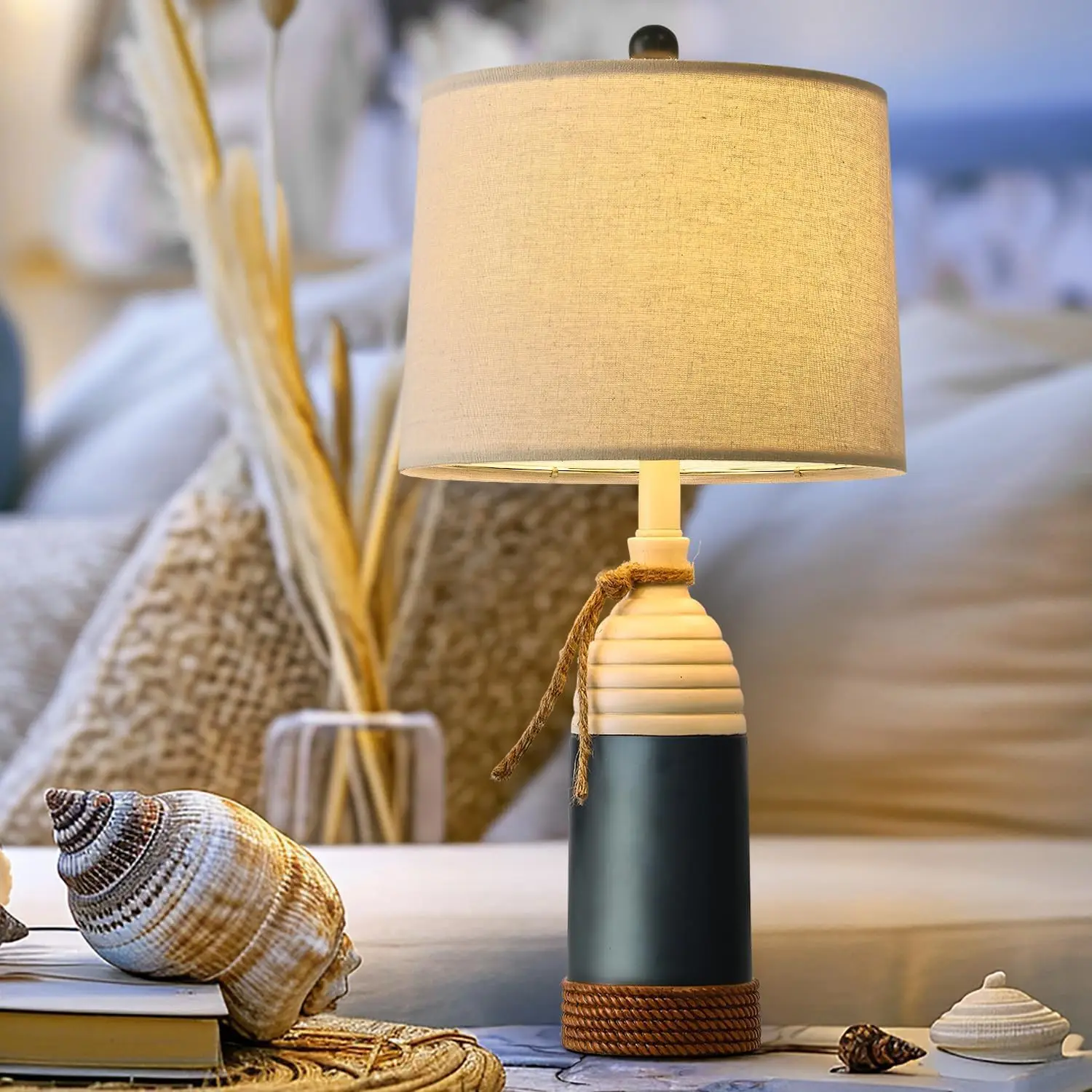 

23.75" Navy Blue Coastal Table Lamp for Bedroom and Living Room, Modern Farmhouse Decor with Soft Light
