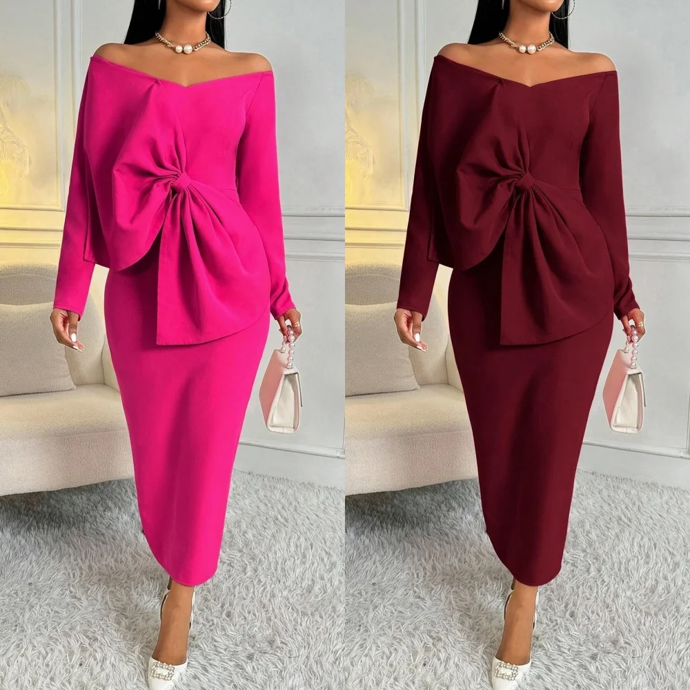 

Customized Jersey Bow Ruched Christmas A-line Off-the-shoulder Bespoke Occasion Gown Midi Dresses