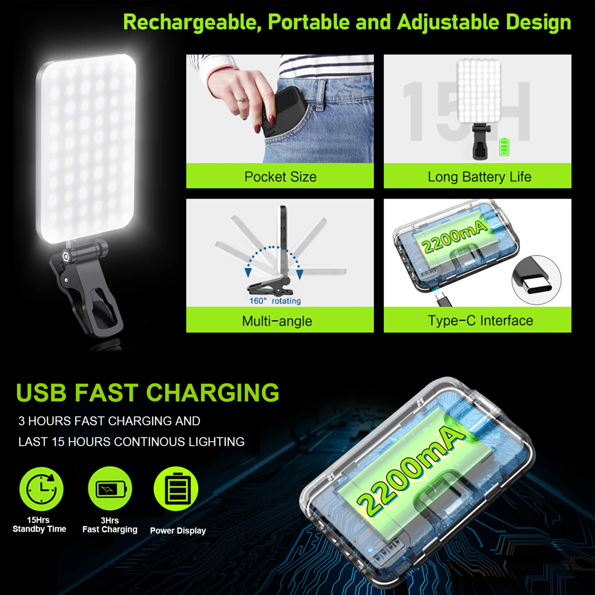 LED Selfie Light 60 High Power Rechargeable Clip Fill Video Light for Phone iPad with Front & Back Clip Adjusted 3 Light Modes
