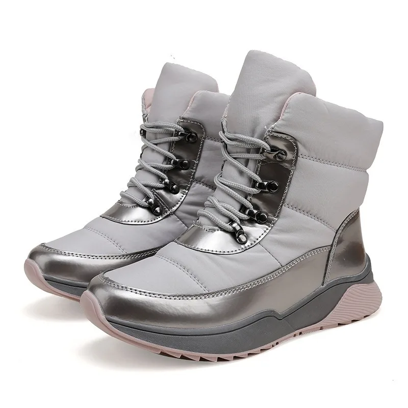 Women Mid‑calf Snow Boots 2026 Winter Waterproof Fabric Lace‑up Fleece‑lined Warm Non‑slip Outdoor Footwear Black Gray Pink