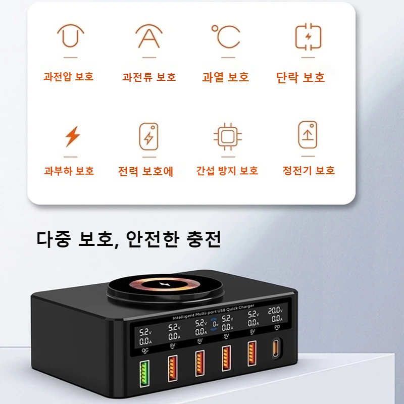 아이폰 샤오미 삼성용 멀티 USB PD 충전기, 마그네틱 무선 충전, QC 3.0 LCD 디스플레이, 고속 USB 충전기 스테이션, 100W