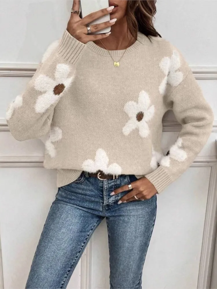 

Зимняя одежда, женский пуловер с круглым вырезом и длинными рукавами, жаккардовый вязаный топ с цветочным принтом, универсальный простой стиль
