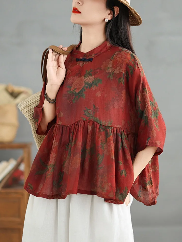 

New Chinese Sle Women's Linen irt Vintage Print Svel Asymmetrical Button Design Summer Loose Fit Doll Top