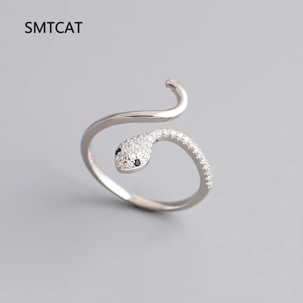 

925 Sterling Silver Platinum Plated Adjustable Snake Ring Trendy Black Zircon Vintage Textures Jewelry For Women Gifts