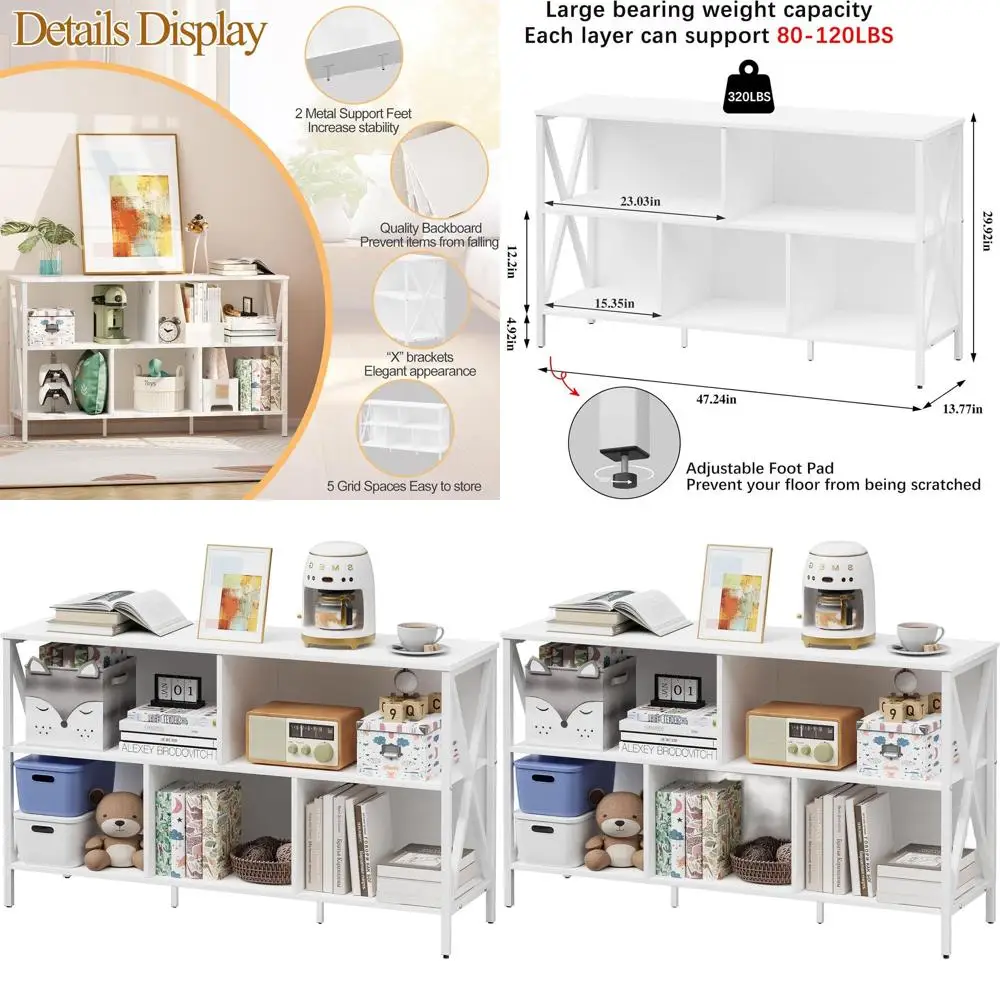 Industrial Modern 5-Cube Wide Cubby Bookcase, White Wooden and Metal Storage Organizer, Open Shelf for Home Office and Living Ro