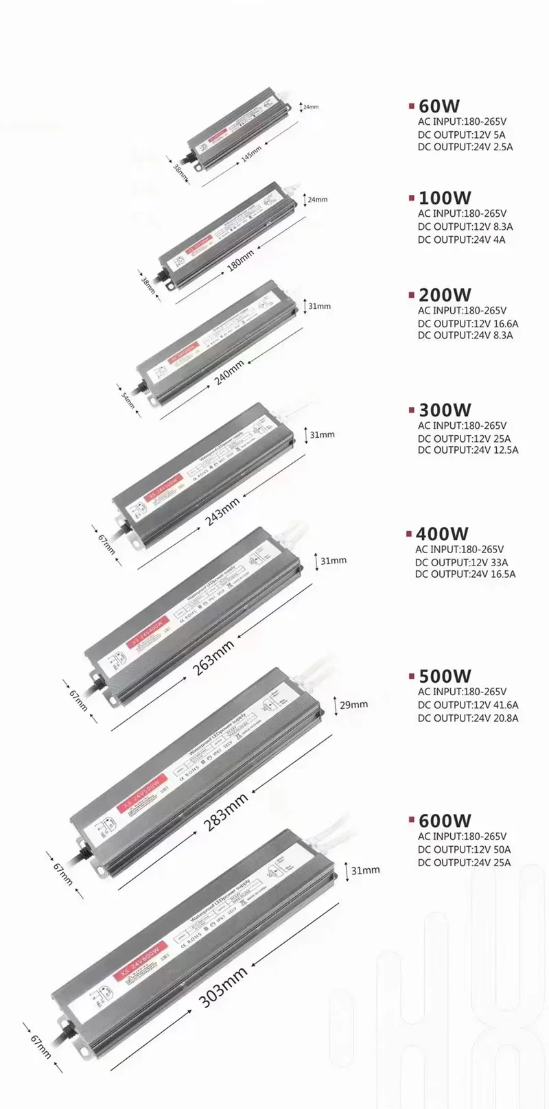 Outdoor  Waterproof Lighting  Power Supply IP67  AC 85~265V to DC 12V 24V  Outdoor LED Driver 100W 150W 200W 300W 400W 500W 600W