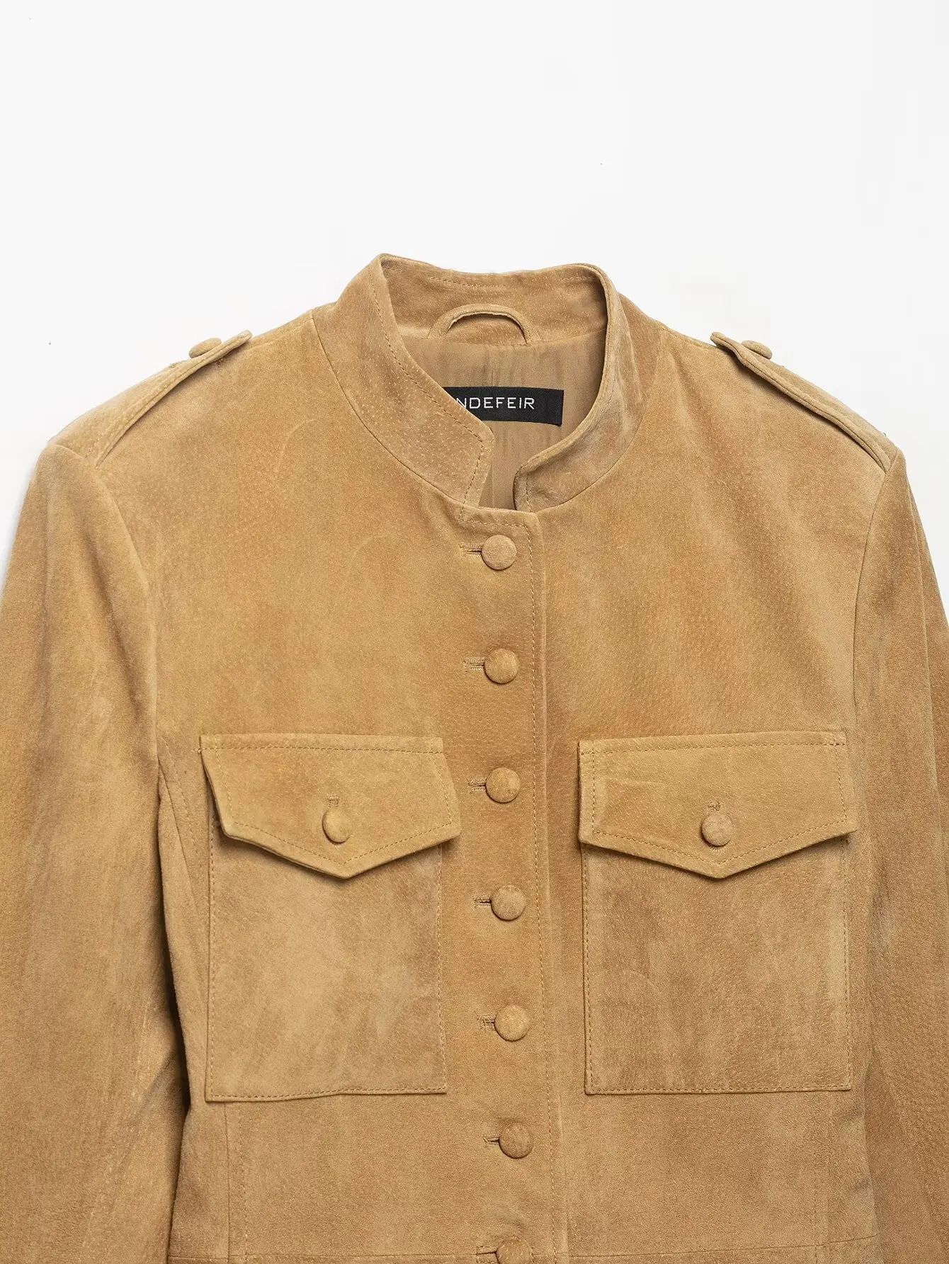 BSAY 2026 Damen Minimalistische Stehkragen-Jacke mit Schulterklappen-Dekoration, Taschen, Knopfverschluss vorne, Langarm, Herbst-Oberbekleidung – Detail 4