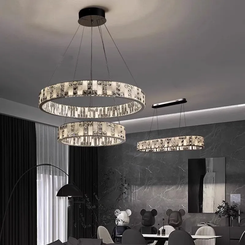 

Light luxury crystal marble living room, French simple modern atmosphere villa, duplex building chandelier