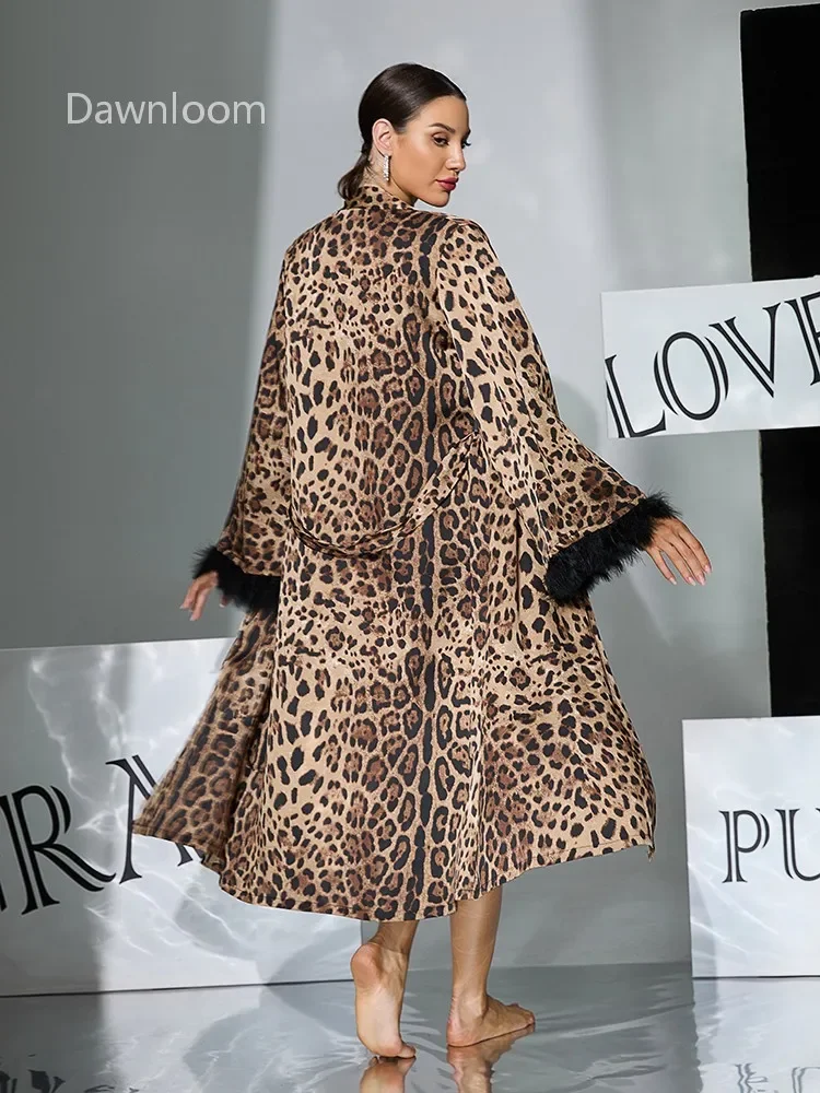 Dawnloom Leopard Print Satin Feather-Cuff Three-Piece Set (Robe + Camisole + Shorts) for Women Sexy Wild Luxury Home Loungewear