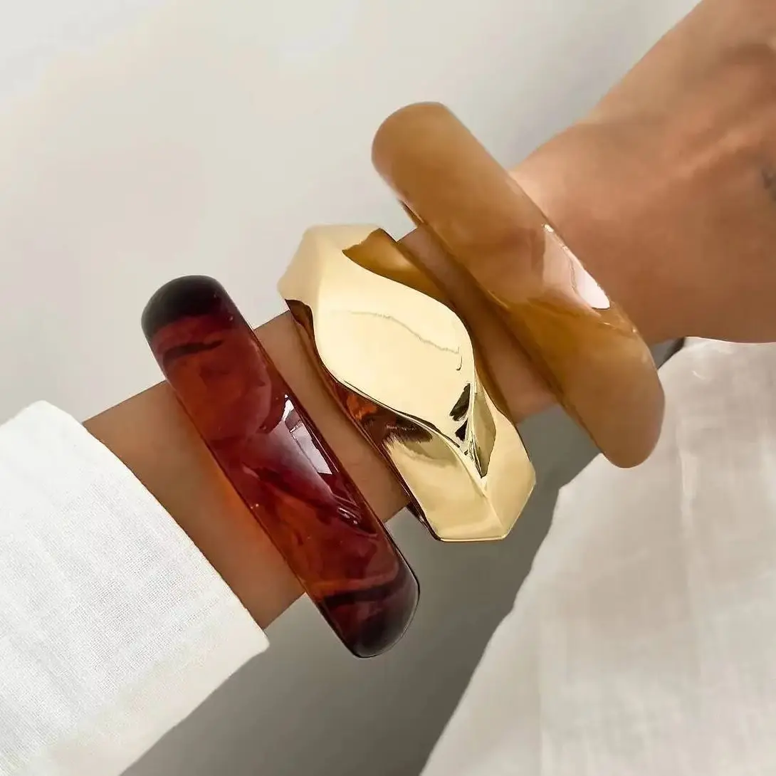 

Lacteo 3 Styles Exaggerated Irregular Spring Metal Bangles for Women Vintage Stacking Resin Acrylic Bracelets Steampunk Jewelry