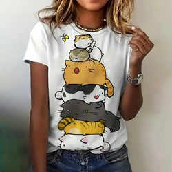 Women's T-shirt Korean Clothing Fashion Crew Neck Short Sleeve Cat Print Top Summer Loose Clothing Women's Elegant T-shirt