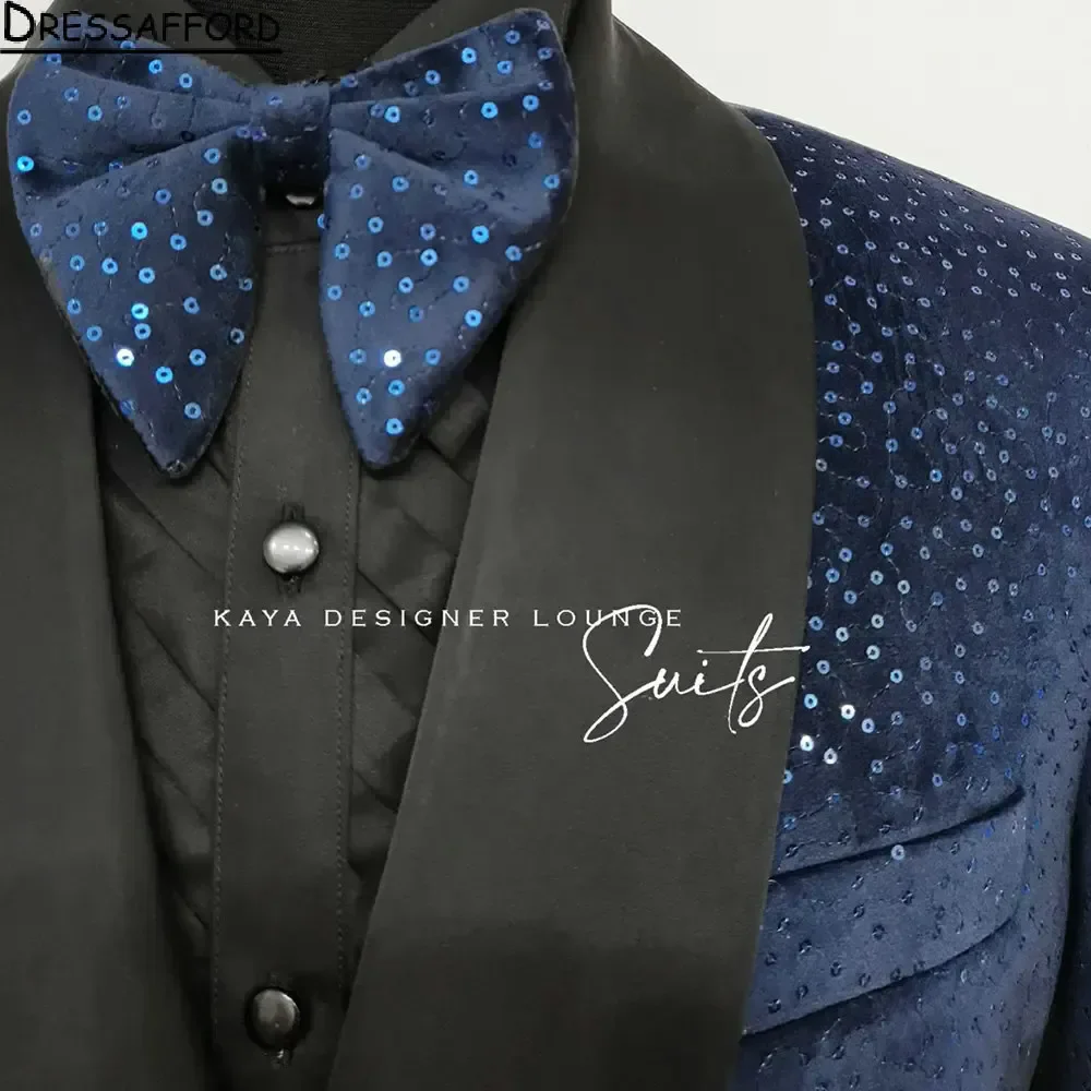 Blue Sequined Men Suits Groom Wedding Tuxedos 2 Pieces Sets Dinner Prom Blazers Terno Masculino Completo