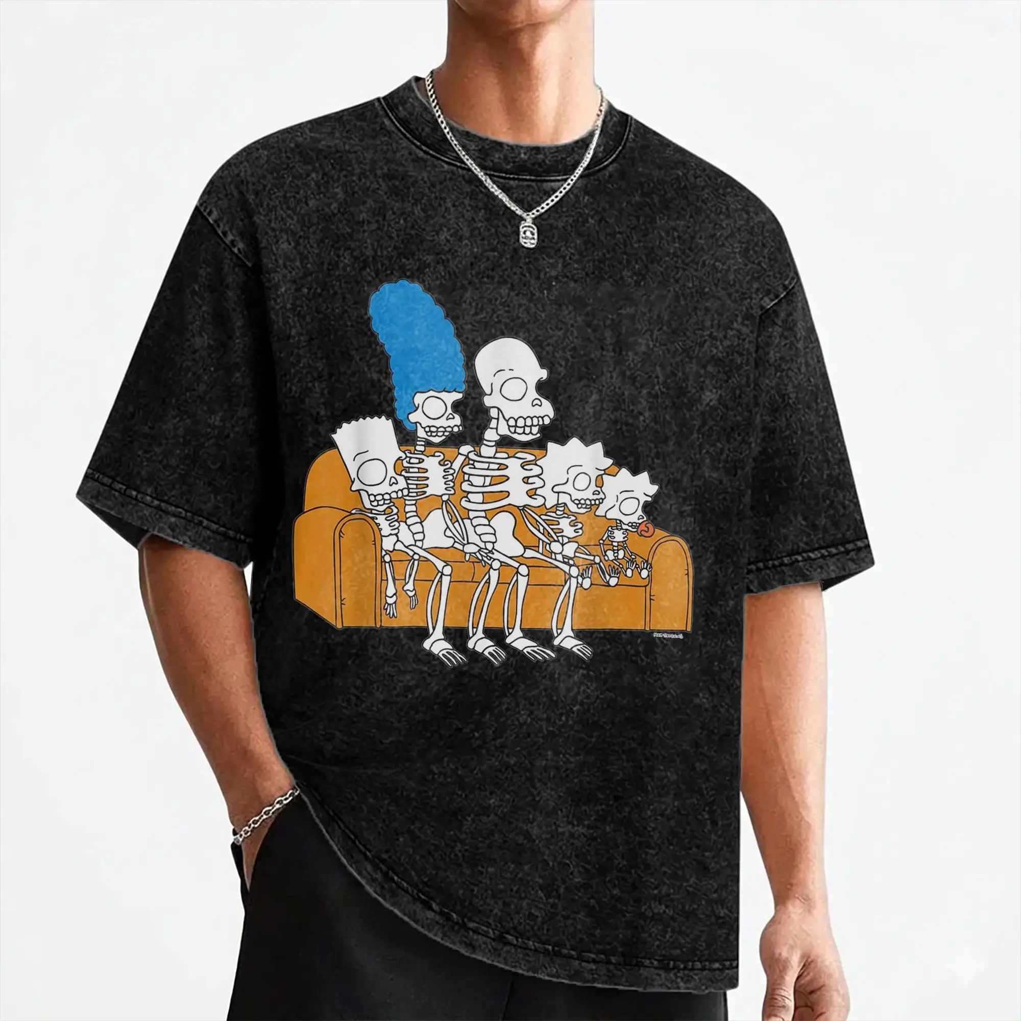 Cartoon The S-Simpsons T Shirt Washed Short Sleeve Harajuku T-Shirts Halloween Vintage for Men Women Streetwear Summer Tees