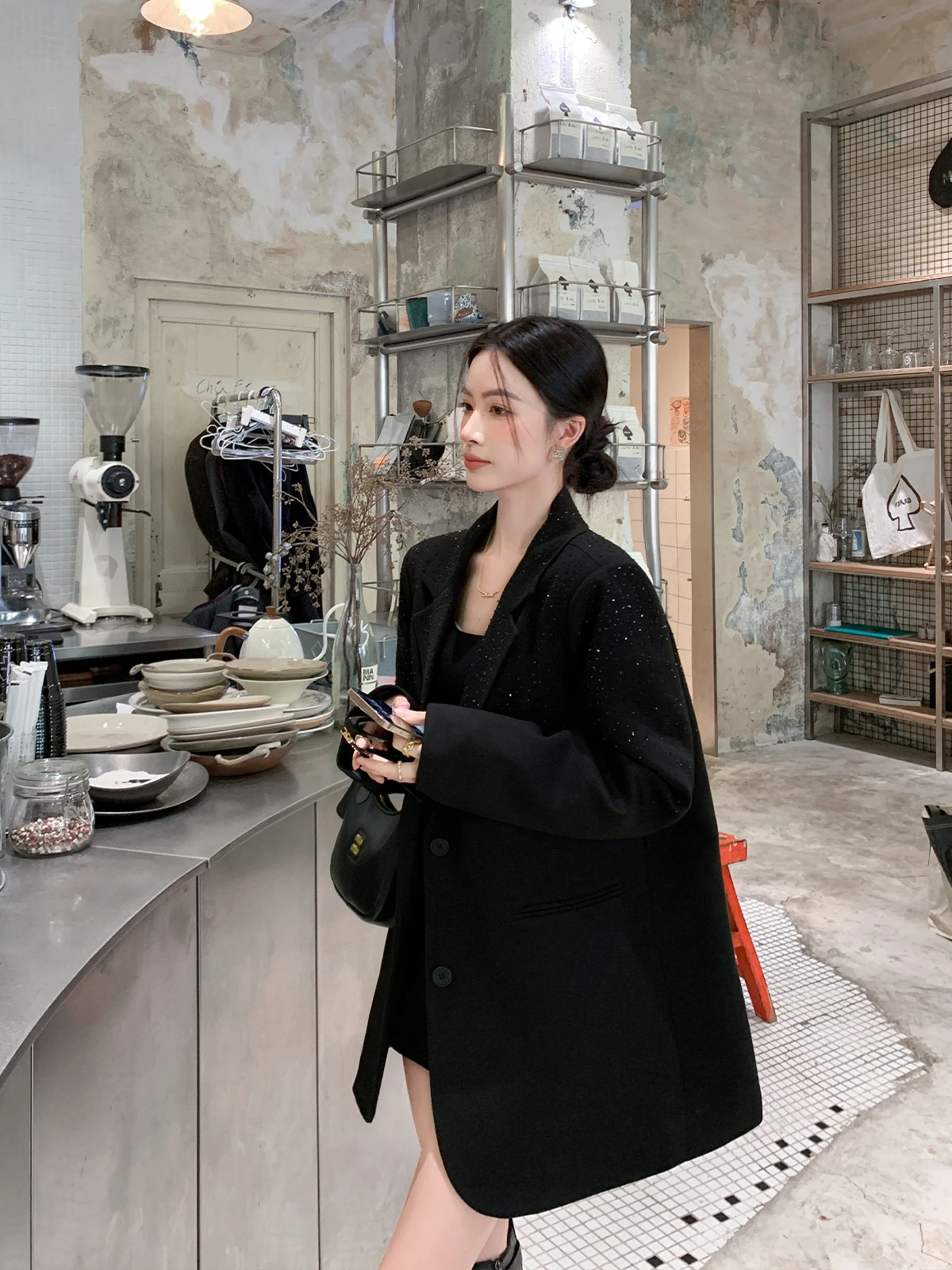 

Binguo Women's Loose Fit Thiened down Lined Suit Jaet Bla Rhinestone Decorated Commute Sle Long Sve Coat