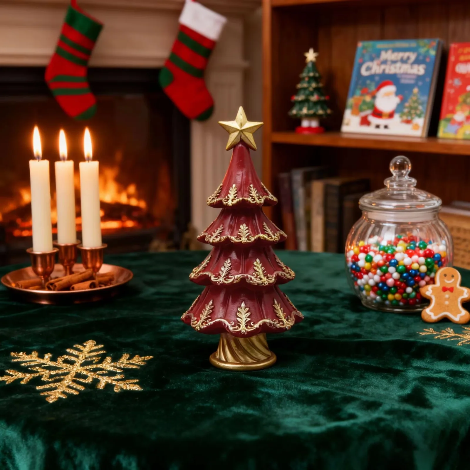 Christmas Tree Resin Figurine Holiday Decor Golden Trimmed Ornament Tabletop Display Indoor Home Accent Festive Art Mantel Decor