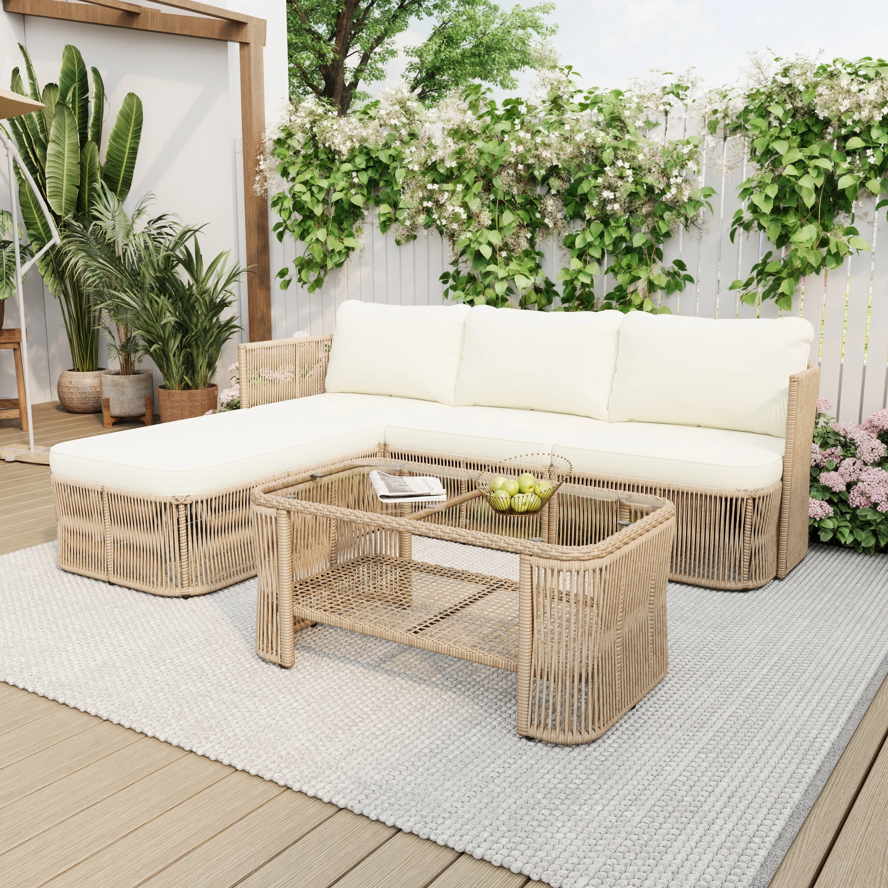 

！@Modern Outdoor PE Rattan Patio Furniture Set with Iron Frame Dark Beige Wicker Leisure Conversation Sofa