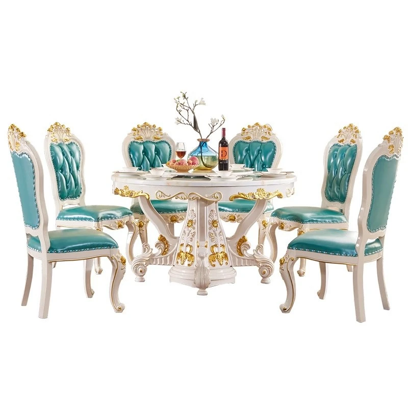 

European round dining table solid wood leather marble solid wood dining chair American engraving for 6 people