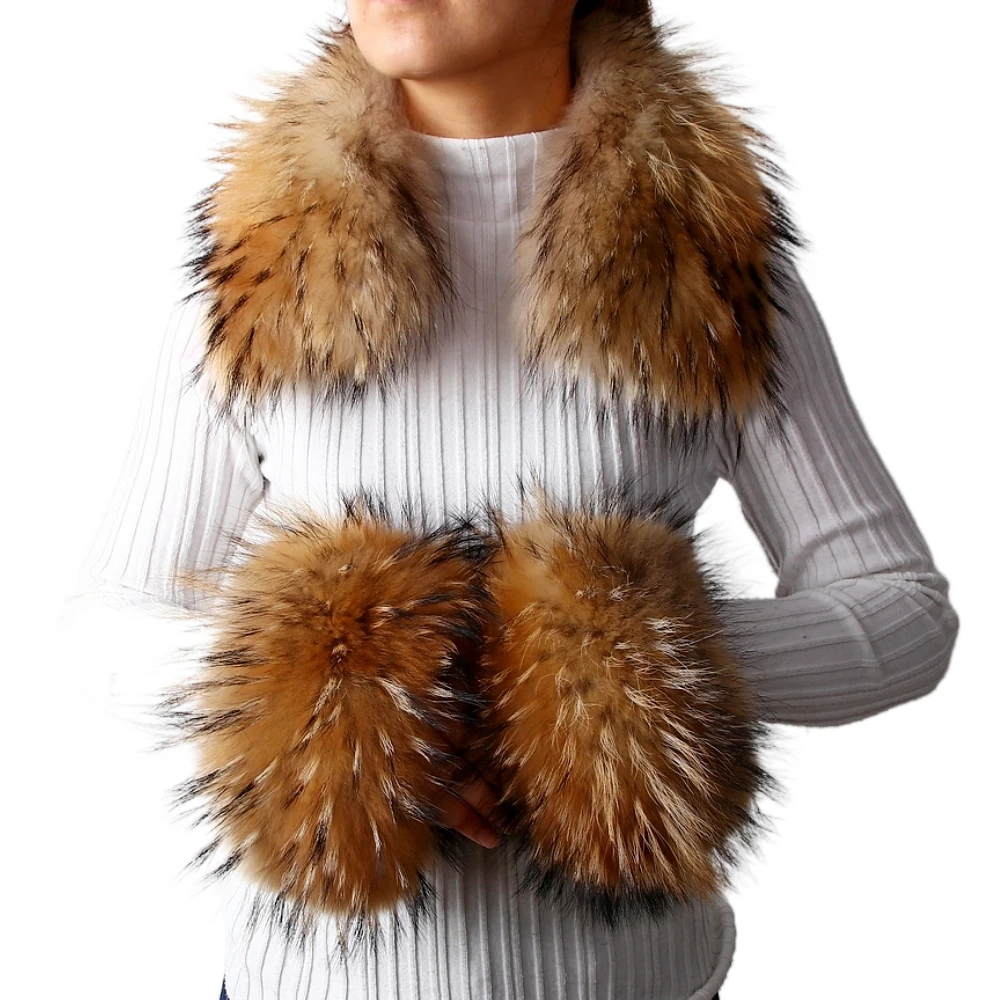 ZDFURS*Women's Real Fox Fur / Raccoon Fur Collar Cuffs Winter Thick Warm Genuine Fur Fashion Square collar cuffs one sets