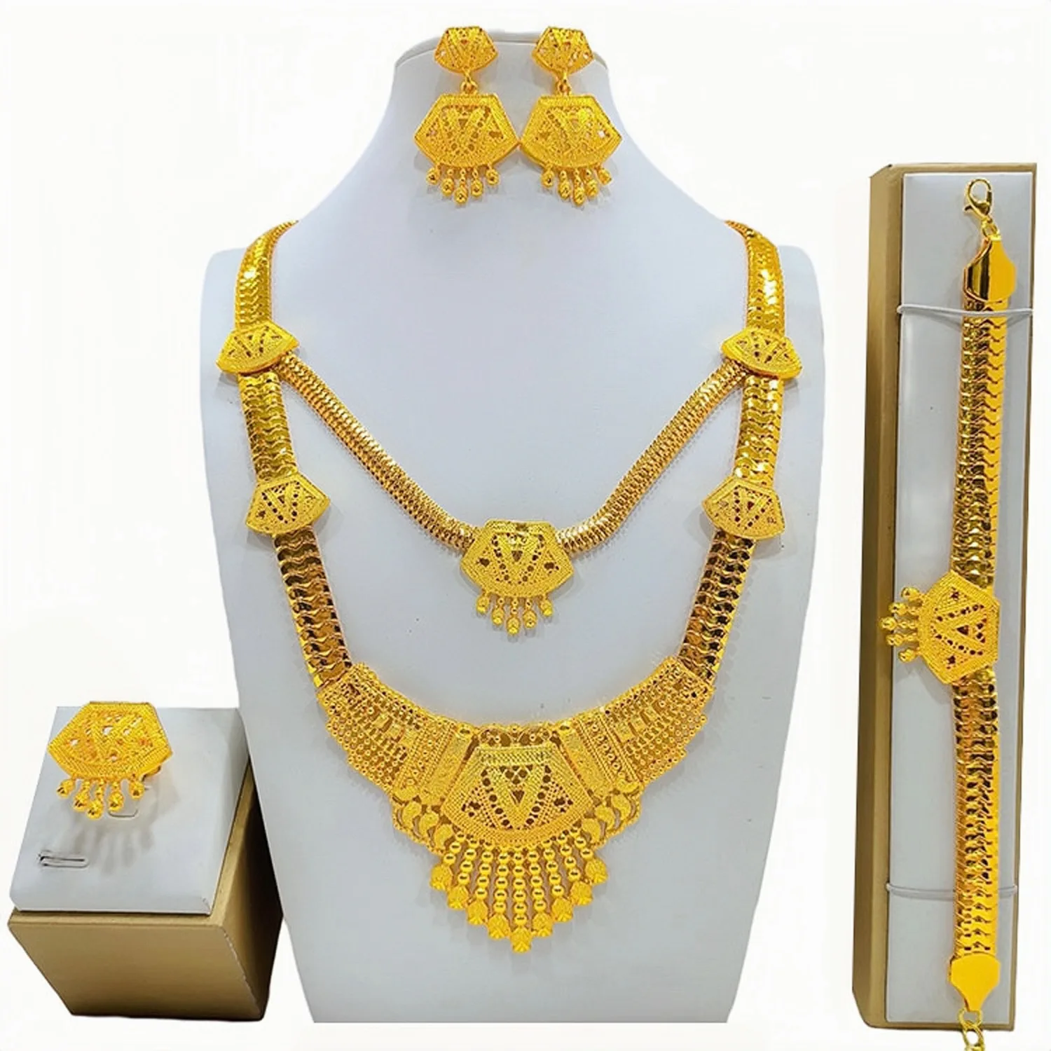 24K الذهب الحقيقي 9999 الذهب الأصفر والمجوهرات دعوى قلادة طويلة دعوى سوار حلقة أقراط قلادة الزفاف