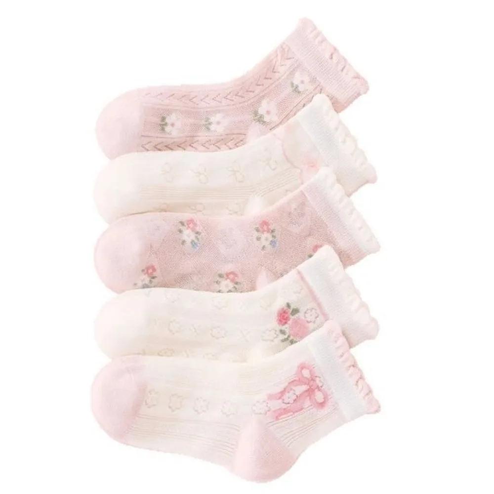 

5 Pairs New Cotton Kids Mesh Socks High Resilience Comfortable Children Socks Breathable Flower and Bow Ankle Socks for Summer