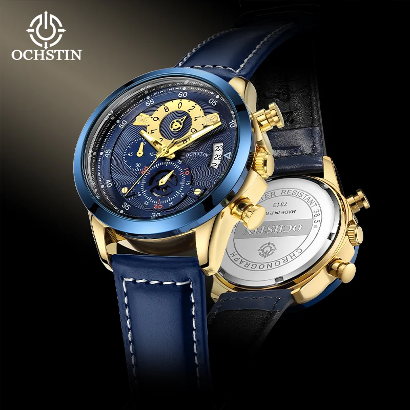 OCHSTIN Men Leather Strap Wristwatch Man Quartz Movement Watches Waterproof Luminous Hand Clock Fashion Luxury Male Watch