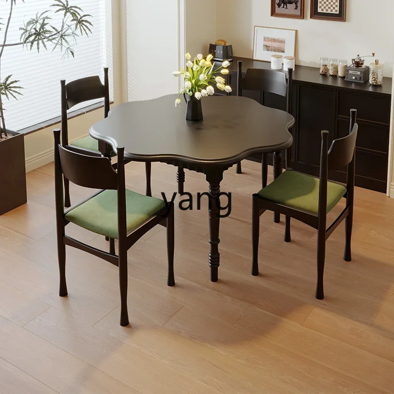 XYY retro full solid wood round dining table modern simple black petal round table home