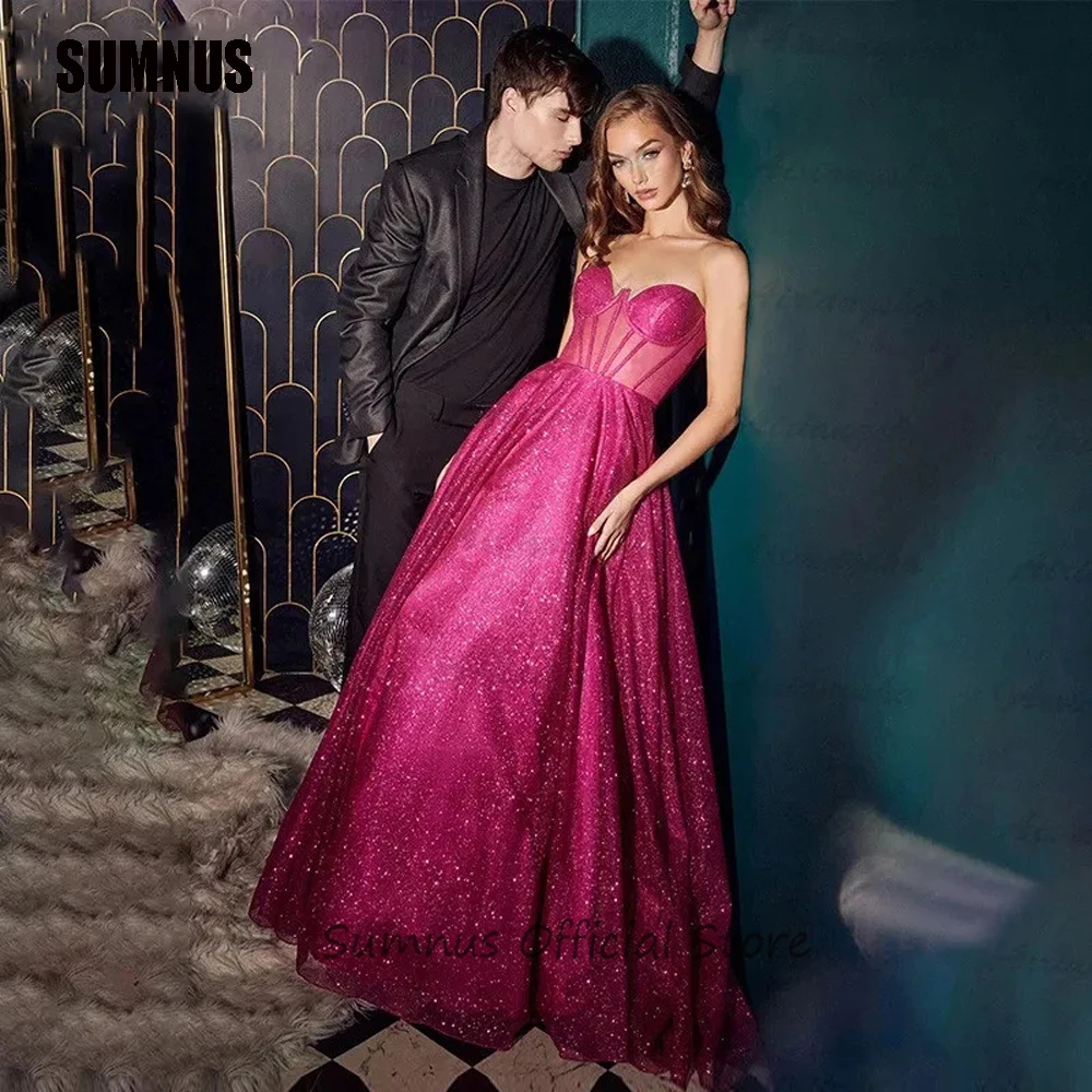 SUMNUS Pink Glitter A-Line Evening Party Dresses Sexy Sweetheart Stralpless Prom Dress Shiny Floor Length Sleeveless Club Dress