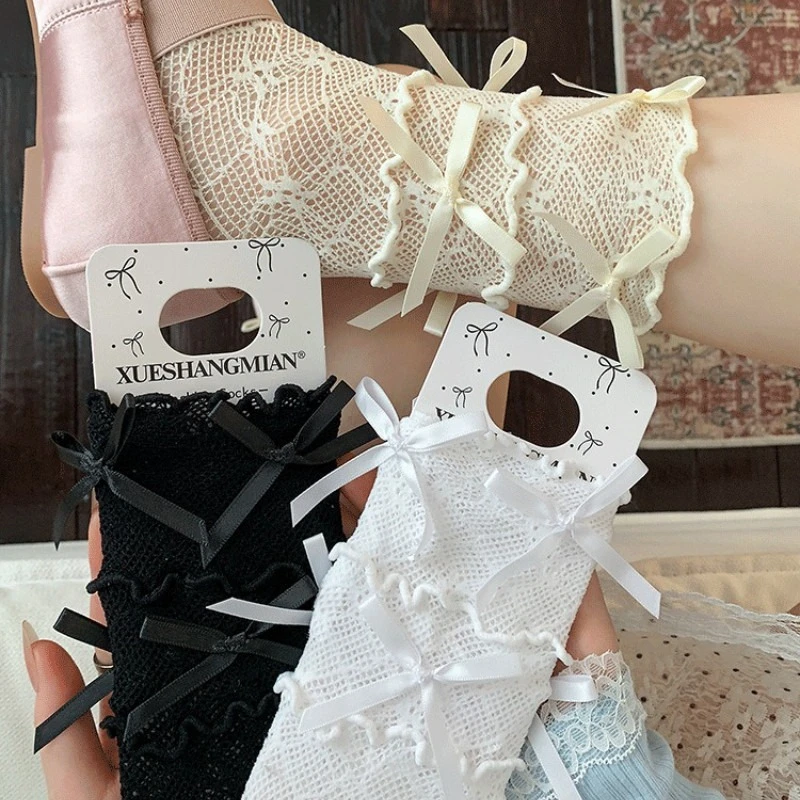 New Lace Socks Women Ballet Cute Bowknot Frilled Trim Mid-tube Socks Summer Thin Mesh Hollow Japanese Style Sweet JK Long Socks