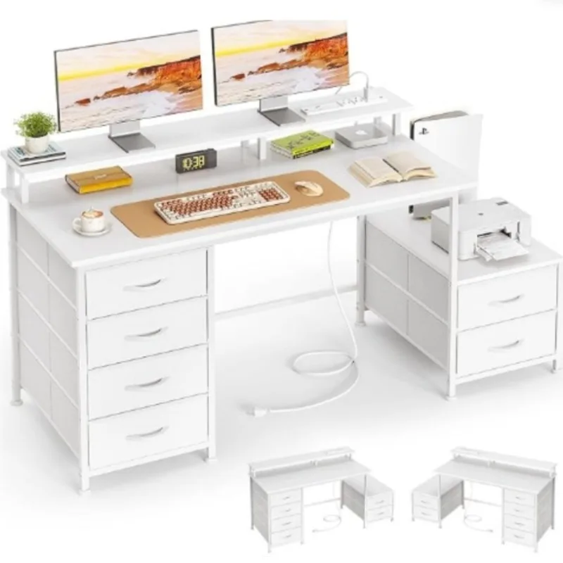 Household computer desk with 6 fabric drawers and storage rack writing desk for home office bedroom